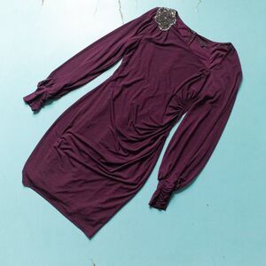 David Meister Plum Purple Long Sleeve Fitted Asymmetrical Neck Dress Size 14
